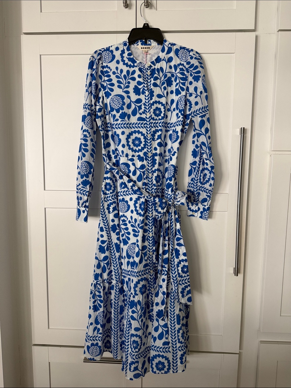 Boden Blue and White Long Sleeve Floral Midi Dress